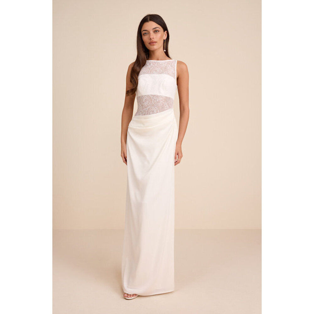 Lulus Akasha White Sheer Lace Mixed-media Maxi Dress - Size S